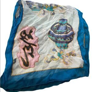 J&x Ny 100% Silk Scarf Pottery Graphics Oriental Theme Babushka Classy